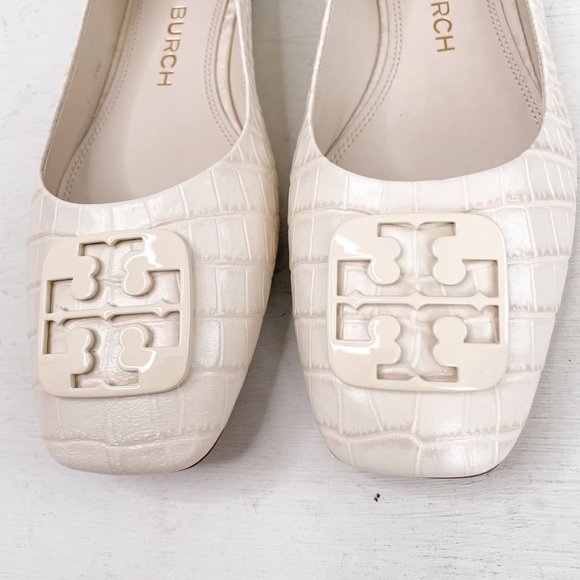 Tory Burch Shoes Tory Burch Cream Croco Embossed Square Toe